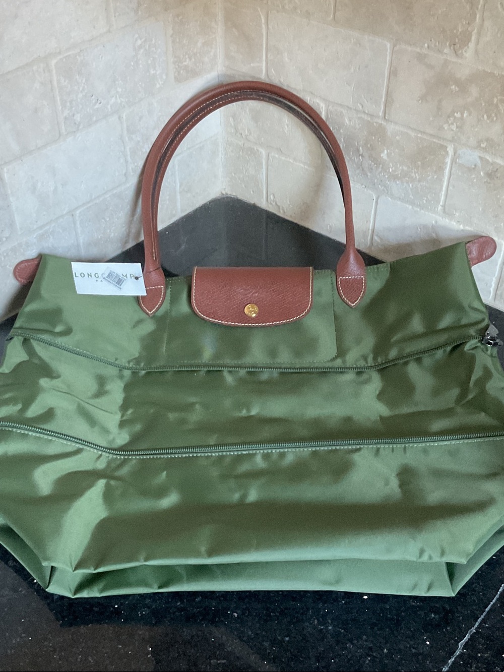 Longchamp Olive Nylon Tote with Brown Leather Trim - Picture 9 of 11